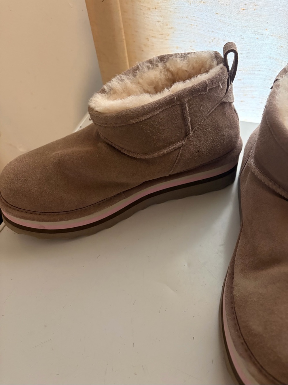 BearPaw Taupe Suede Shearling-Lined Slip-On Boots with Pink Accent